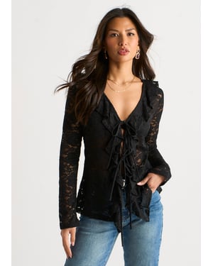 Black Jersey Lace Ruffle Tie Front Blouse
