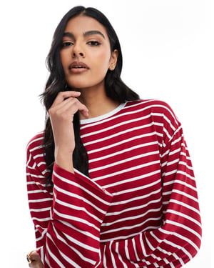 ASOS DESIGN long sleeve stripe contrast neck trim top in red