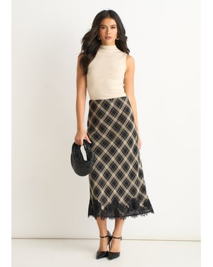 Mono Check Contrast Lace Bias Skirt