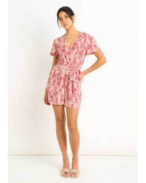 Röd abstrakt djurmönstrad playsuit med bälte framtill