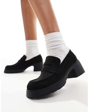 ASOS DESIGN Scribble chunky mid heeled loafers in black suedette