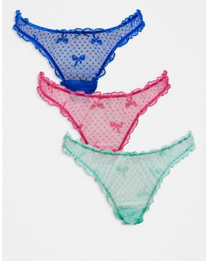ASOS DESIGN 3 pack bow mesh scrunch thongs in pink, green & blue