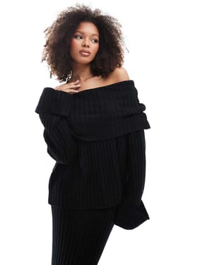 SNDYS rib knit foldover bardot jumper co-ord in black