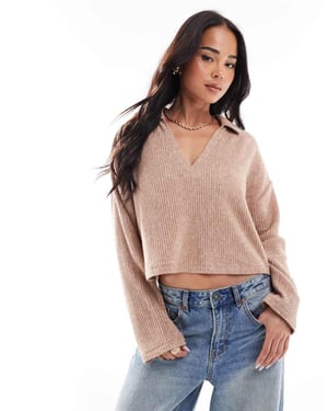 Miss Selfridge soft touch plisse collared long sleeve top in biscuit