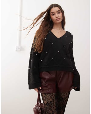 Miss Selfridge diamond pattern embellished wide sleeve jumper in black
