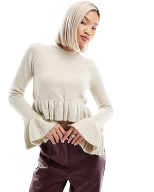 ASOS DESIGN knitted ruffle crop jumper in stone