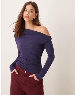 Abercrombie & Fitch asymmetric off the shoulder long sleeve top in navy