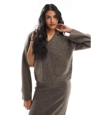 Pieces open polo neck jumper co-ord in deep taupe
