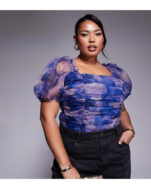 In The Style Plus puff sleeve organza bodysuit in purple print