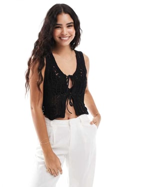 ONLY tie front crochet vest in black