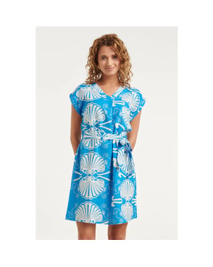 Smashed Lemon Blauwe jurk met witte schelpenprint en ceintuur |