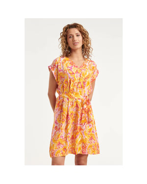 Smashed Lemon Korte jurk met ceintuur en oranje-roze paisley print |