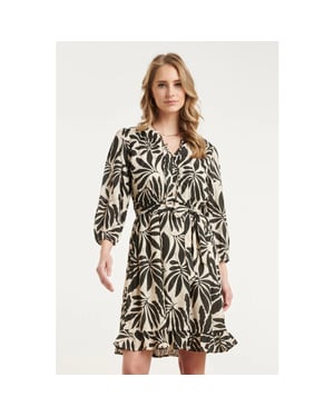 Smashed Lemon Zwart-beige bladerenprint jurk met ceintuur |