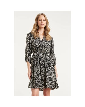 Smashed Lemon Zwarte jurk met beige paisley print en ruffle zoom |