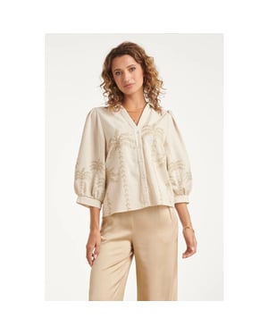 Smashed Lemon Dames blouse beige met geborduurde palmboom |