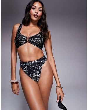 ASOS DESIGN deep band ultra high leg high waist bikini bottom in mono floral