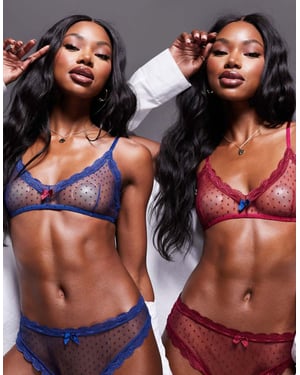 ASOS DESIGN Heidi 2 pack spot mesh bralette in blue and red