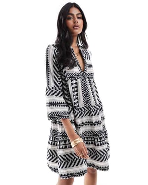 Accessorize aztec print mini beach kaftan in dark brown and white