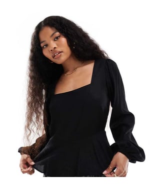 ASOS DESIGN Petite volume puff sleeve smock top in black