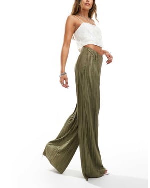 ASOS DESIGN high waisted plisse straight leg trousers in soft khaki