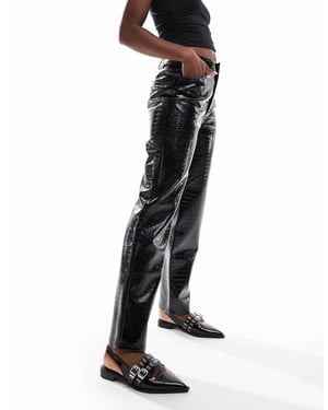 ASOS DESIGN faux leather croc straight leg trouser in black