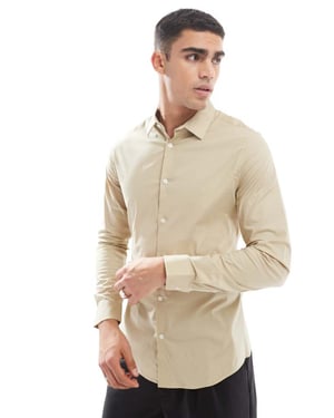 ASOS DESIGN skinny poplin shirt in stone