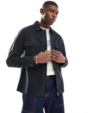 ASOS DESIGN twill zip through overshirt in washed black
