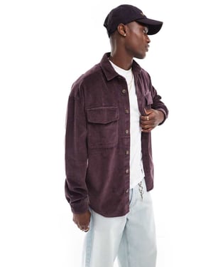 ASOS DESIGN 90s oversized cord shirt with patch pocket in dark plum