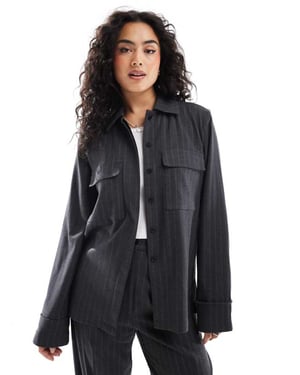 ASOS DESIGN tailored brushed shirt in stripe in charcoal co-ord
