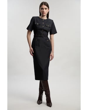 Tailored Denim Belted Midi Dress