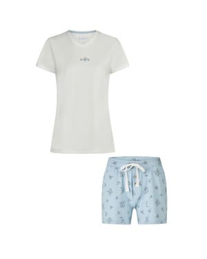By Louise Dames korte pyjama set shortama wit/lichtblauw gebloemd