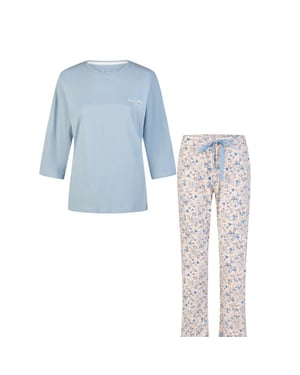 By Louise Dames pyjama set lang/driekwart mouw lichtblauw/wit gebloemd
