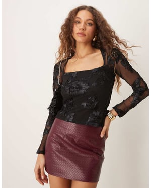 Gina Tricot sheer square neck top with placement embroidery applique in black