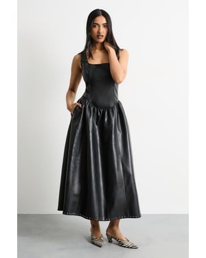Faux Leather Whipstitch Trim Midi Dress
