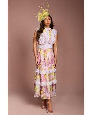 Lace Trim Printed Georgette Midi Dress