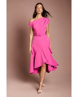 Drape Shoulder Frill Detail Crepe Midi Dress