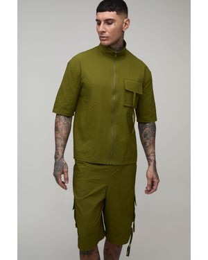 Tall Oversized Funnel Neck Textured Ripstop Cargo Shirt & Longline Short Set
