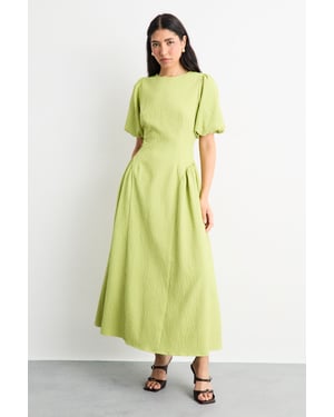 Textured Godet Side Puff Sleeve Midi Dress