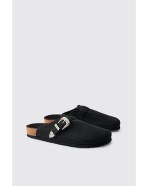 Western Buckle Faux Suede Mule