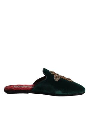 Dolce & Gabbana Groene Fluwelen Kruzend Versierde Slipperschoenen