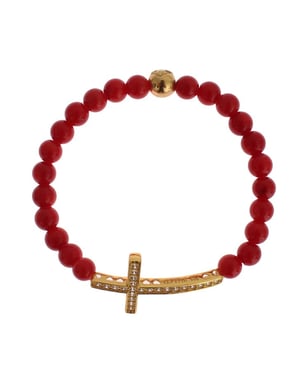Nialaya Rode Koraal Gouden CZ Kruis 925 Zilveren Armband