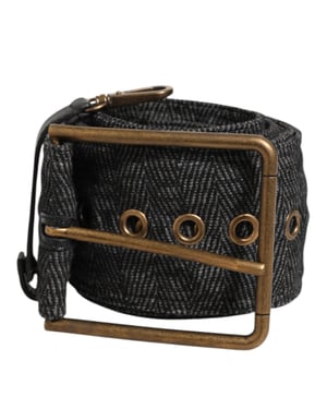 Dolce & Gabbana Grijze Stof Logo Plaat Metaal Messing Gesp Riem