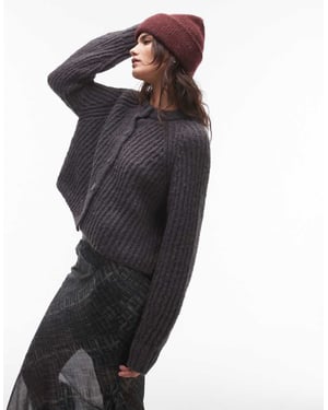 Topshop knitted chunky crew neck cardigan in charcoal