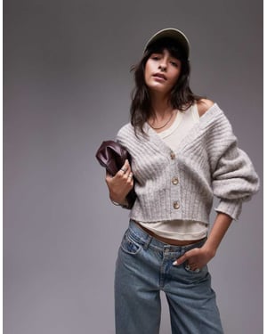 Topshop knitted ovoid sleeve v-neck cardigan in oat