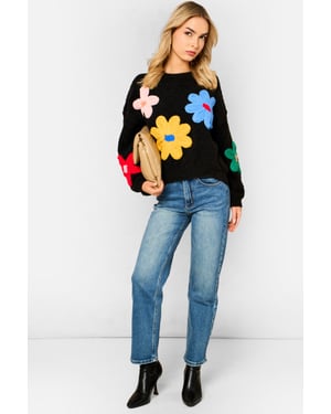 Black 3D Flower Crochet Knitted Jumper