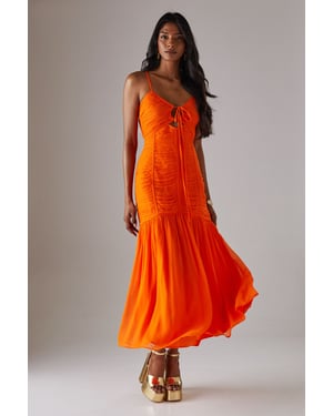 Chiffon Gathered Channel Strappy Midi Dress