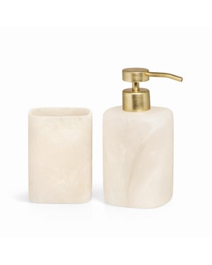Casa di Elturo Luxe badkamer set elvora – zeepdispenser & beker – beige marmerlook met gouden