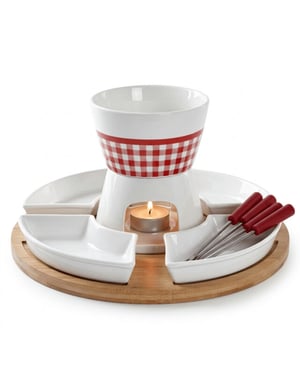 Casa di Elturo Fondue set voor 4 personen bamboe en porselein inclusief schalen en vorkjes