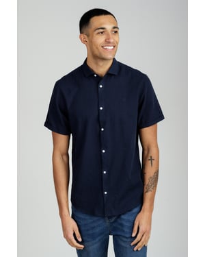 Navy Linen Blend Short Sleeve Button-Up Shirt