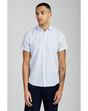 Light Blue Linen Blend Short Sleeve Button-Up Shirt